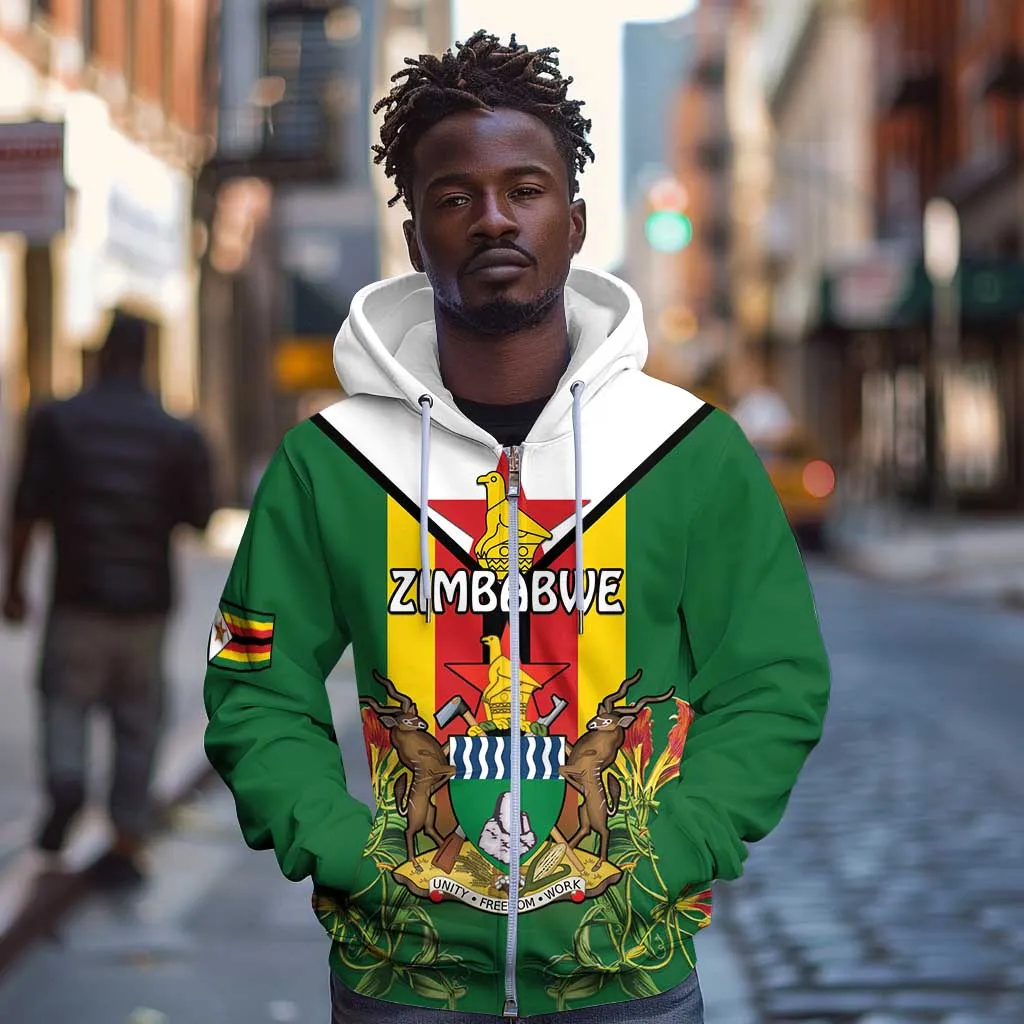 Personalised Zimbabwe Independence Day Zip Hoodie Coat Of Arms Fire Lilies LT15