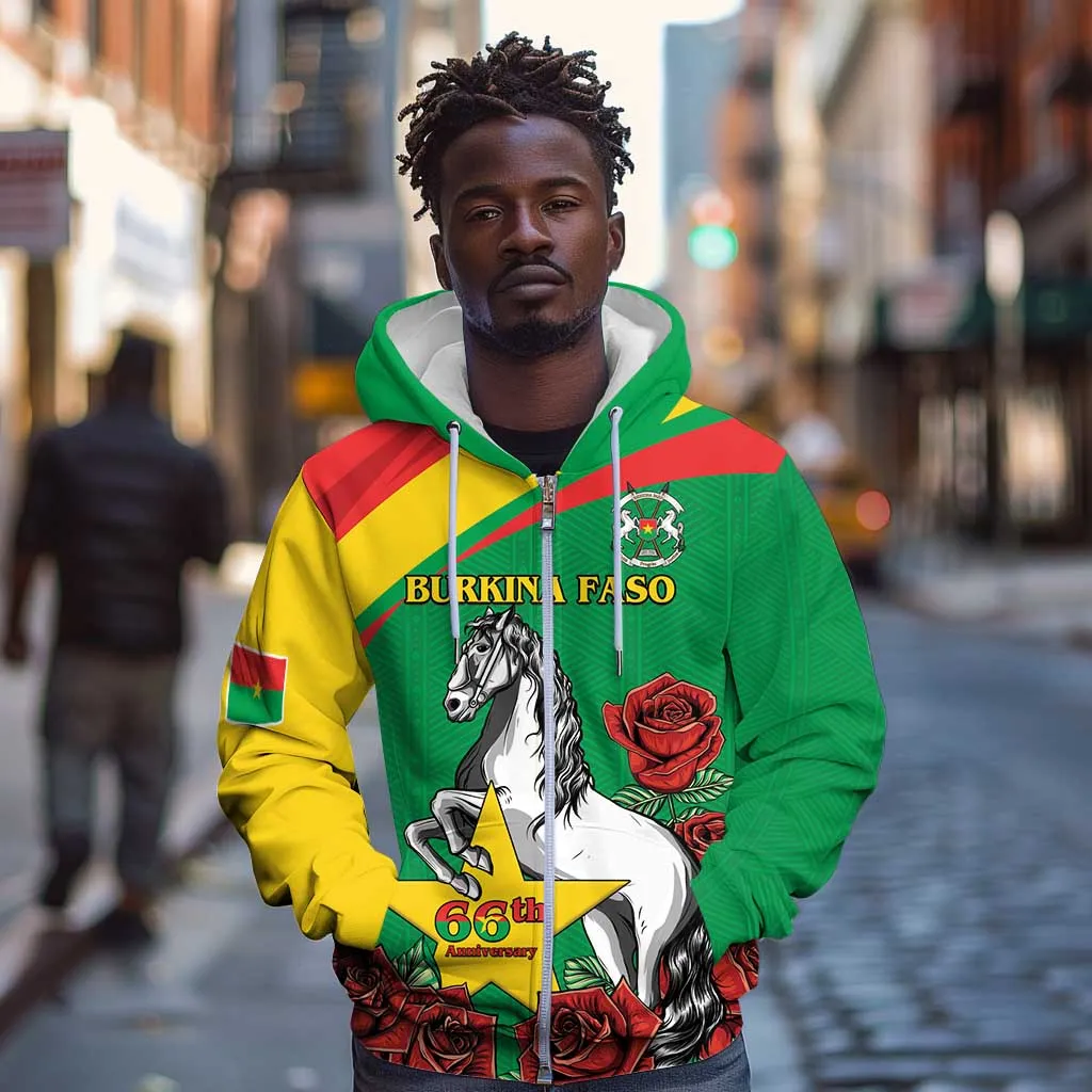 Personalized Burkina Faso Zip Hoodie White Stallion With Red Rose - Republic Day LT15