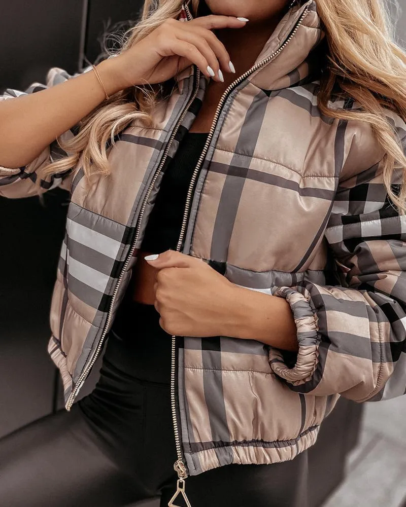 Plaid Print Zip Up Long Sleeve Puffer Coat