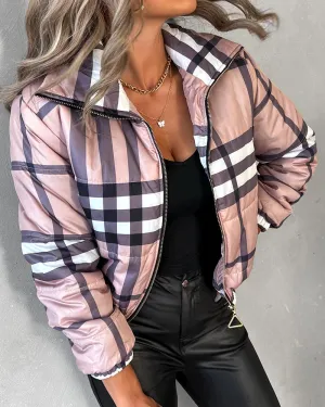 Plaid Print Zip Up Long Sleeve Puffer Coat