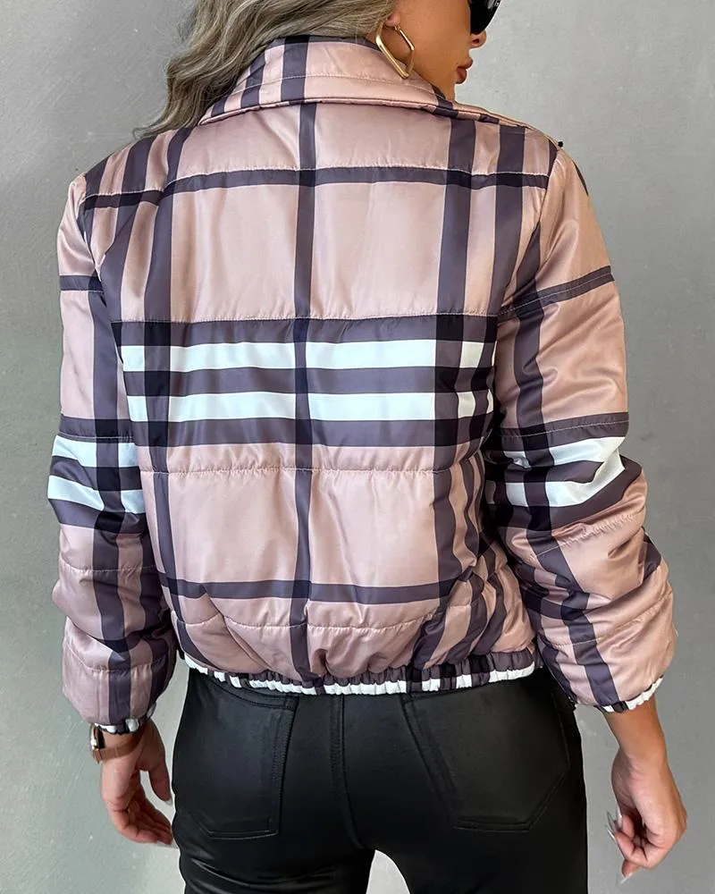 Plaid Print Zip Up Long Sleeve Puffer Coat