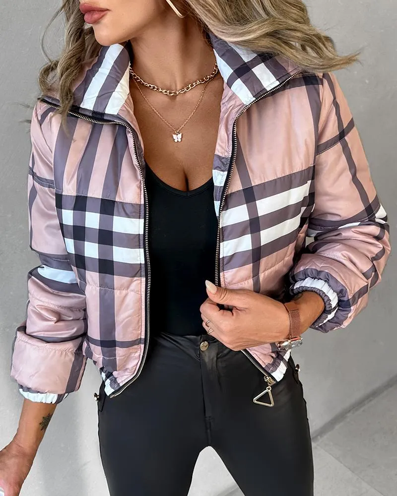 Plaid Print Zip Up Long Sleeve Puffer Coat