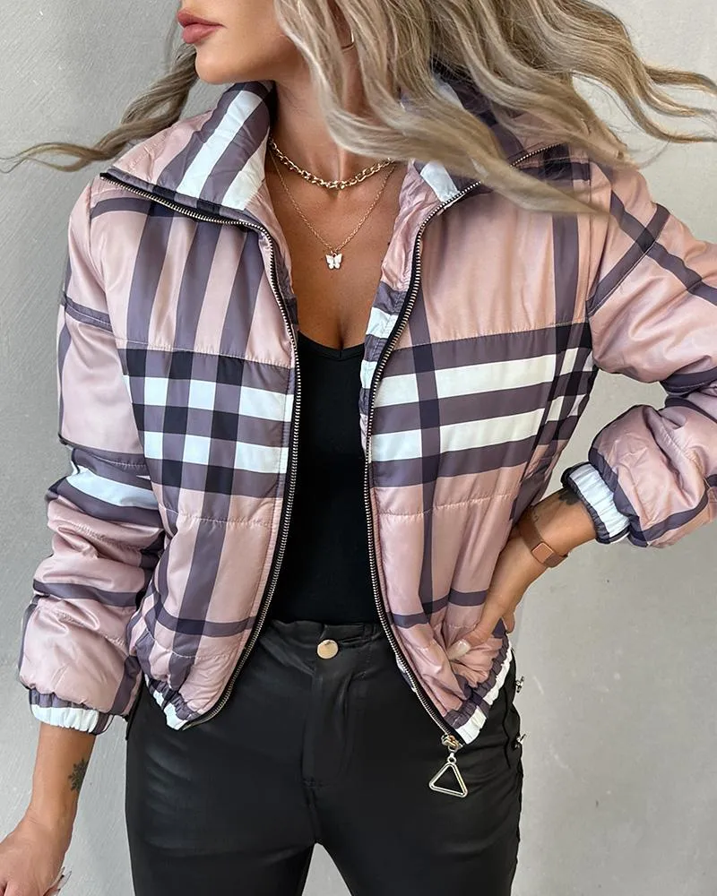 Plaid Print Zip Up Long Sleeve Puffer Coat