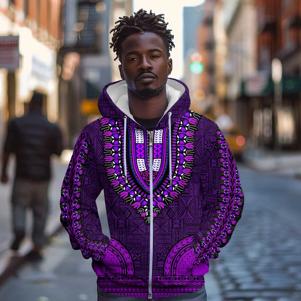 Purple Dashiki and Tapa Pattern Zip Hoodie Africa-Polynesia Together Culture LT9