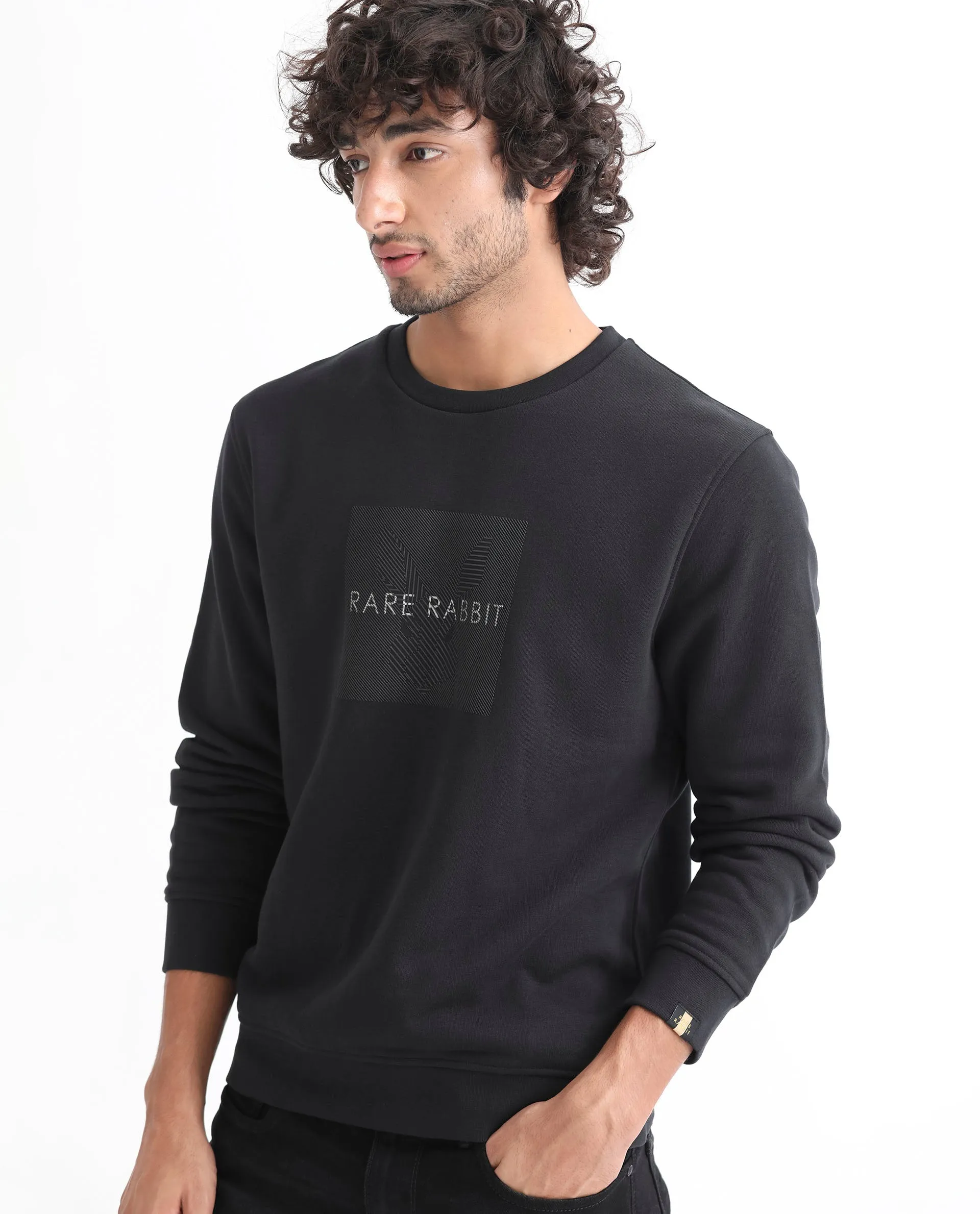 Rare Rabbit Men's Miranda Dark Grey Cotton Polyester Fabric Full Sleeves Graphic Printed Logo Knitted Sweatshirt