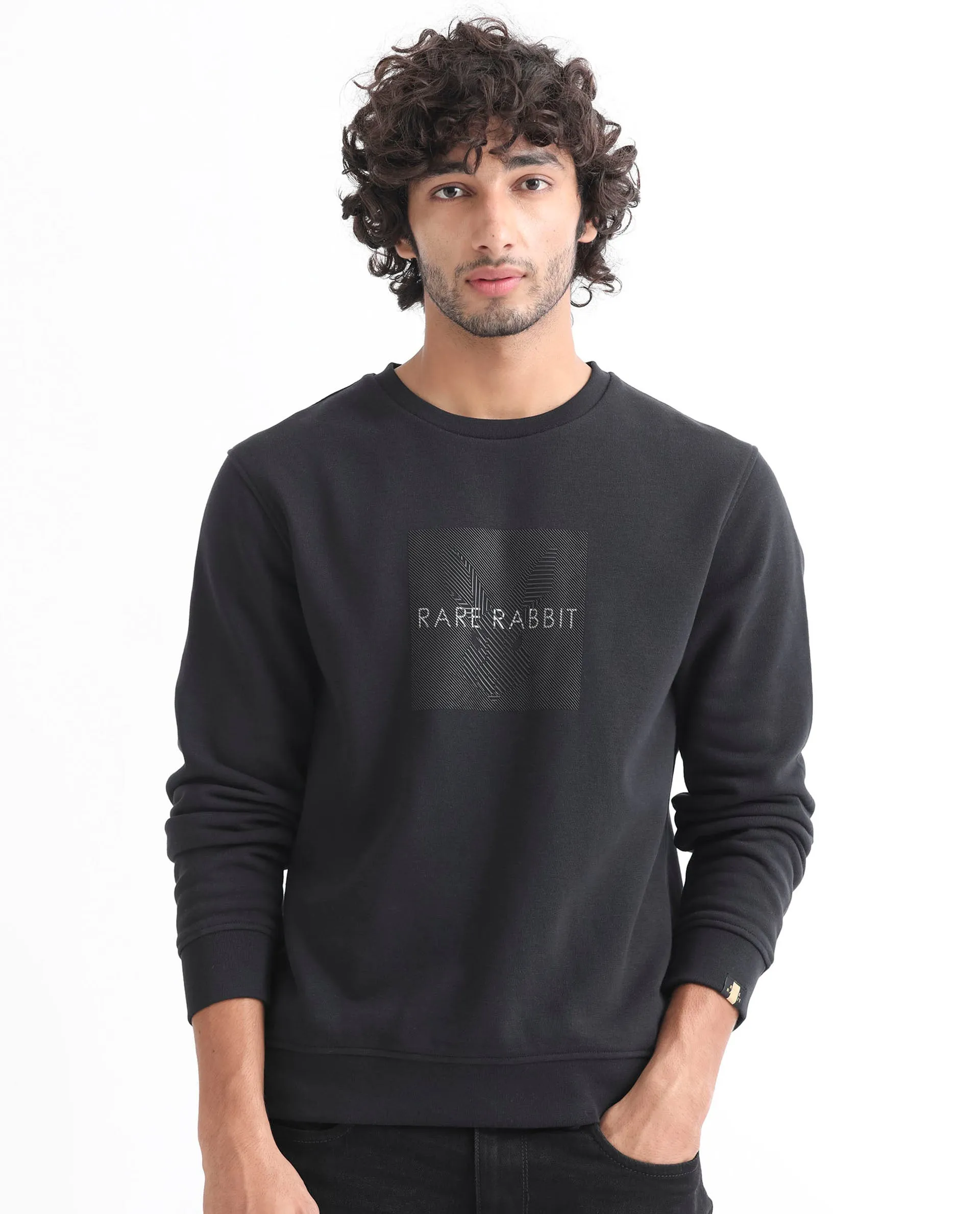 Rare Rabbit Men's Miranda Dark Grey Cotton Polyester Fabric Full Sleeves Graphic Printed Logo Knitted Sweatshirt