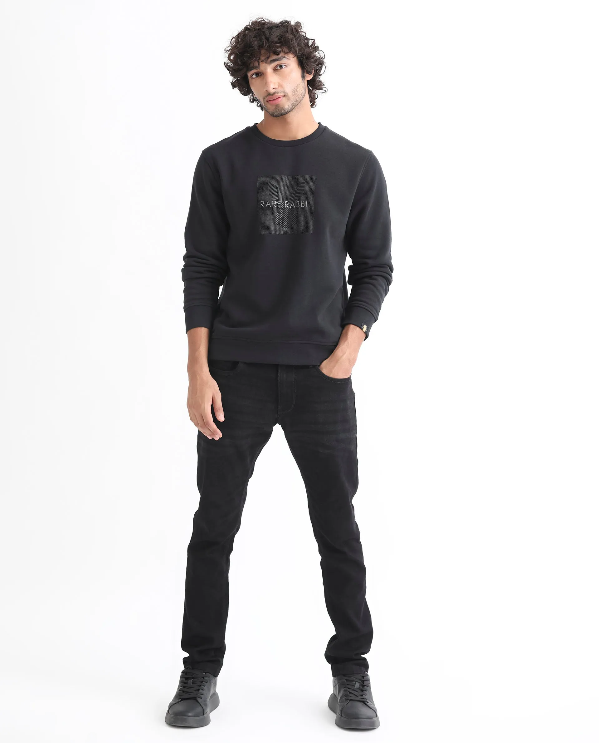 Rare Rabbit Men's Miranda Dark Grey Cotton Polyester Fabric Full Sleeves Graphic Printed Logo Knitted Sweatshirt