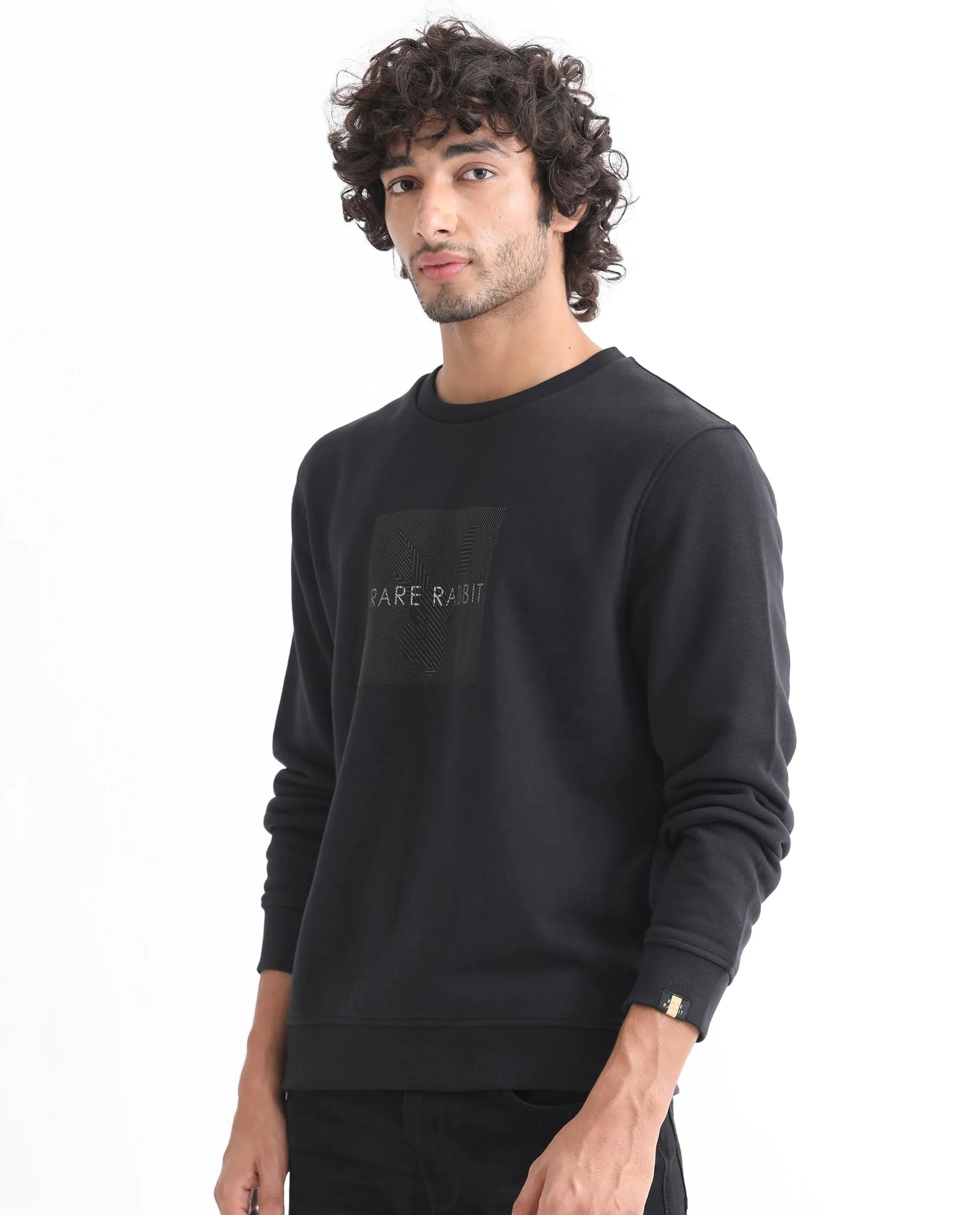 Rare Rabbit Men's Miranda Dark Grey Cotton Polyester Fabric Full Sleeves Graphic Printed Logo Knitted Sweatshirt