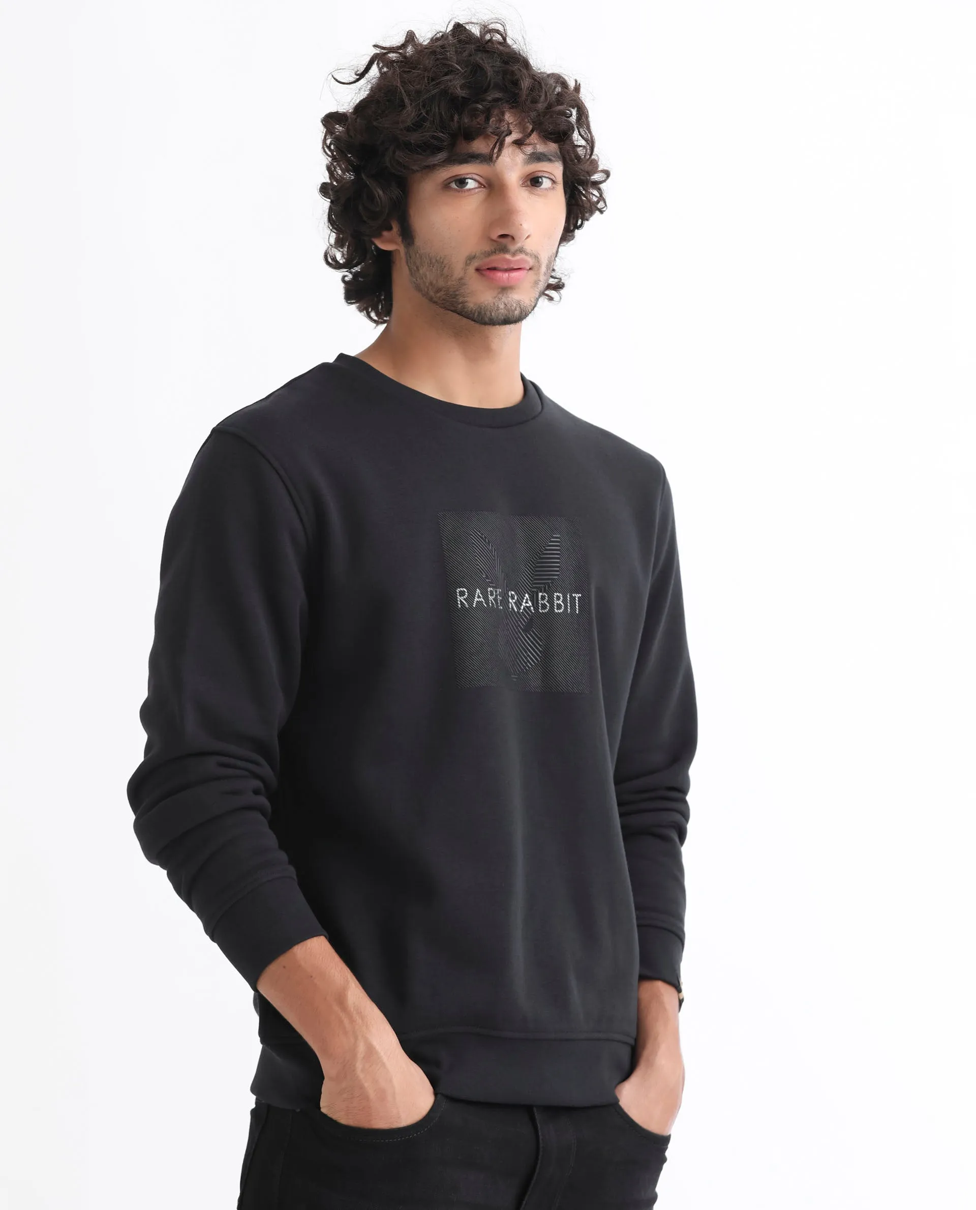 Rare Rabbit Men's Miranda Dark Grey Cotton Polyester Fabric Full Sleeves Graphic Printed Logo Knitted Sweatshirt