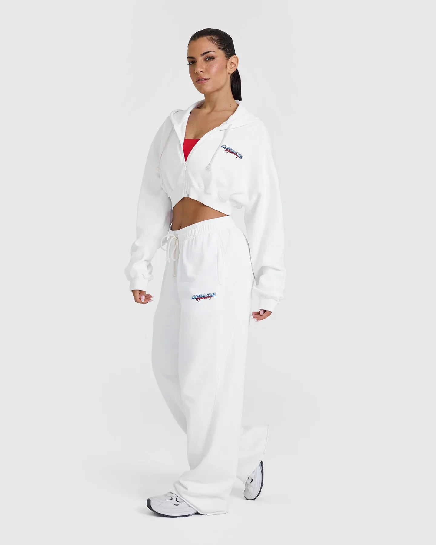Raw Lounge Crop Zip Through Hoodie with Graphic | White