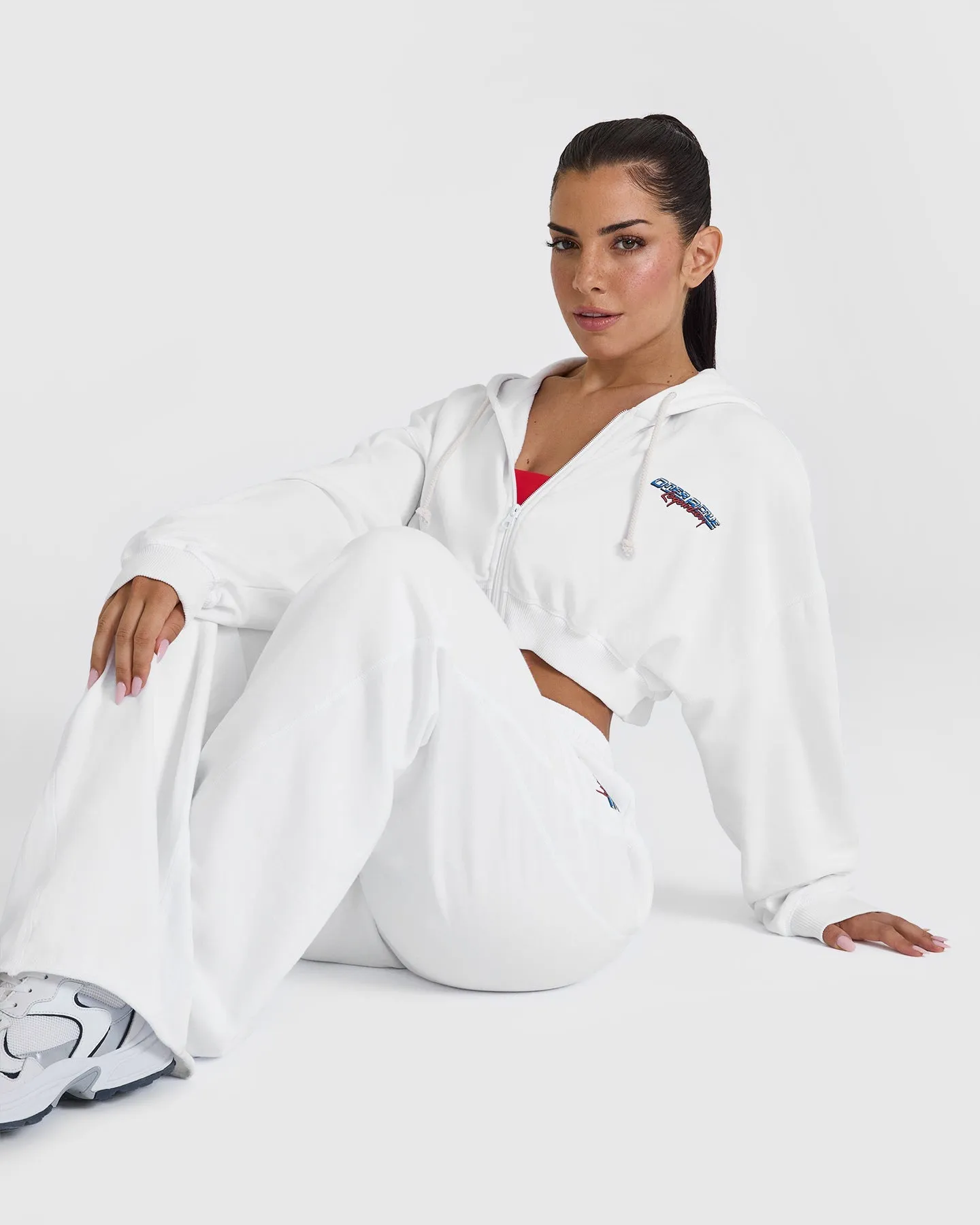 Raw Lounge Crop Zip Through Hoodie with Graphic | White