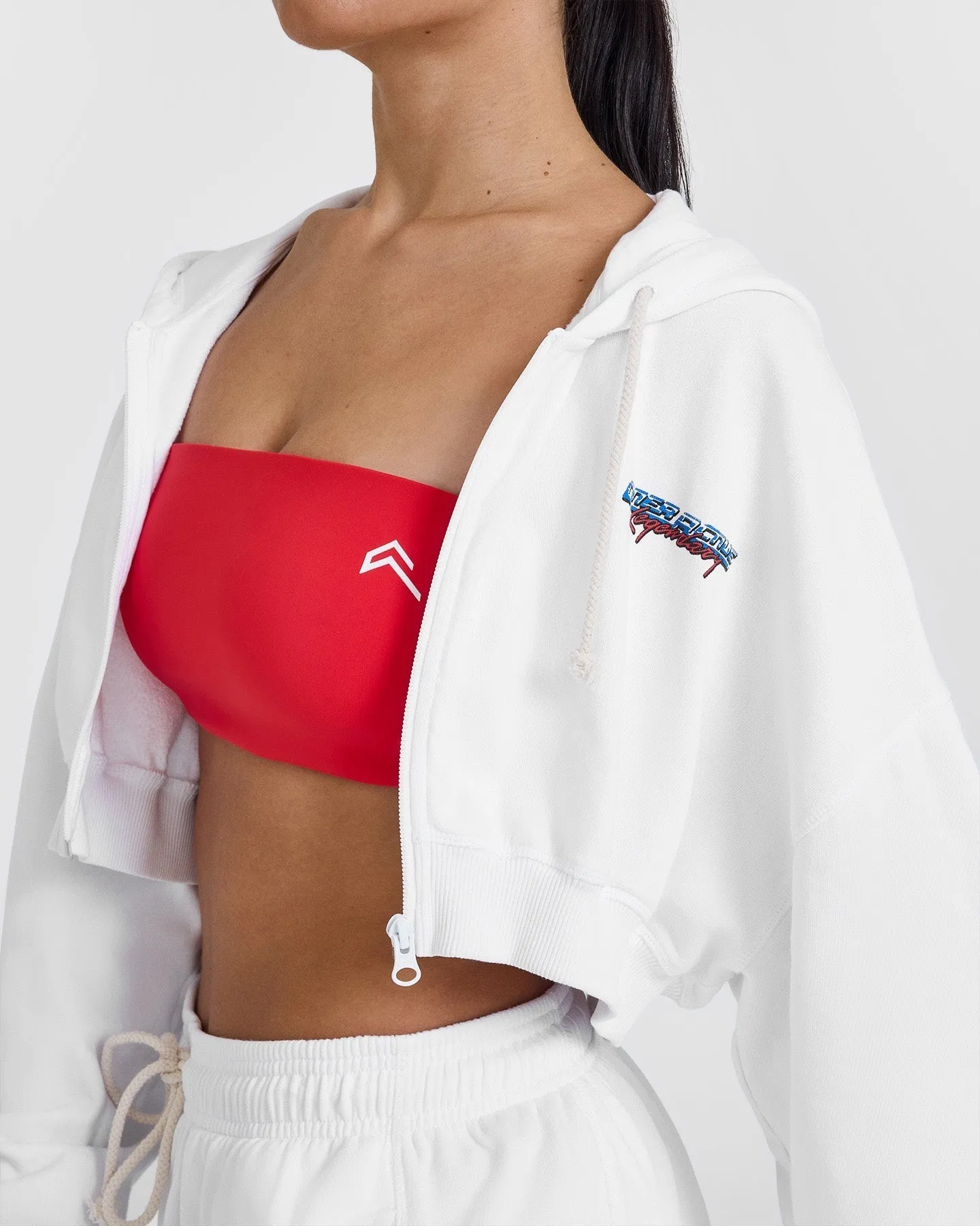 Raw Lounge Crop Zip Through Hoodie with Graphic | White