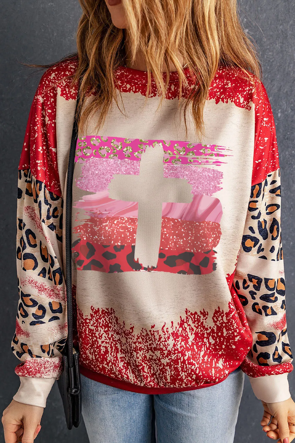 Red Diverse Brushstroke Cross Graphic Leopard Tie Dye Sweatshirt