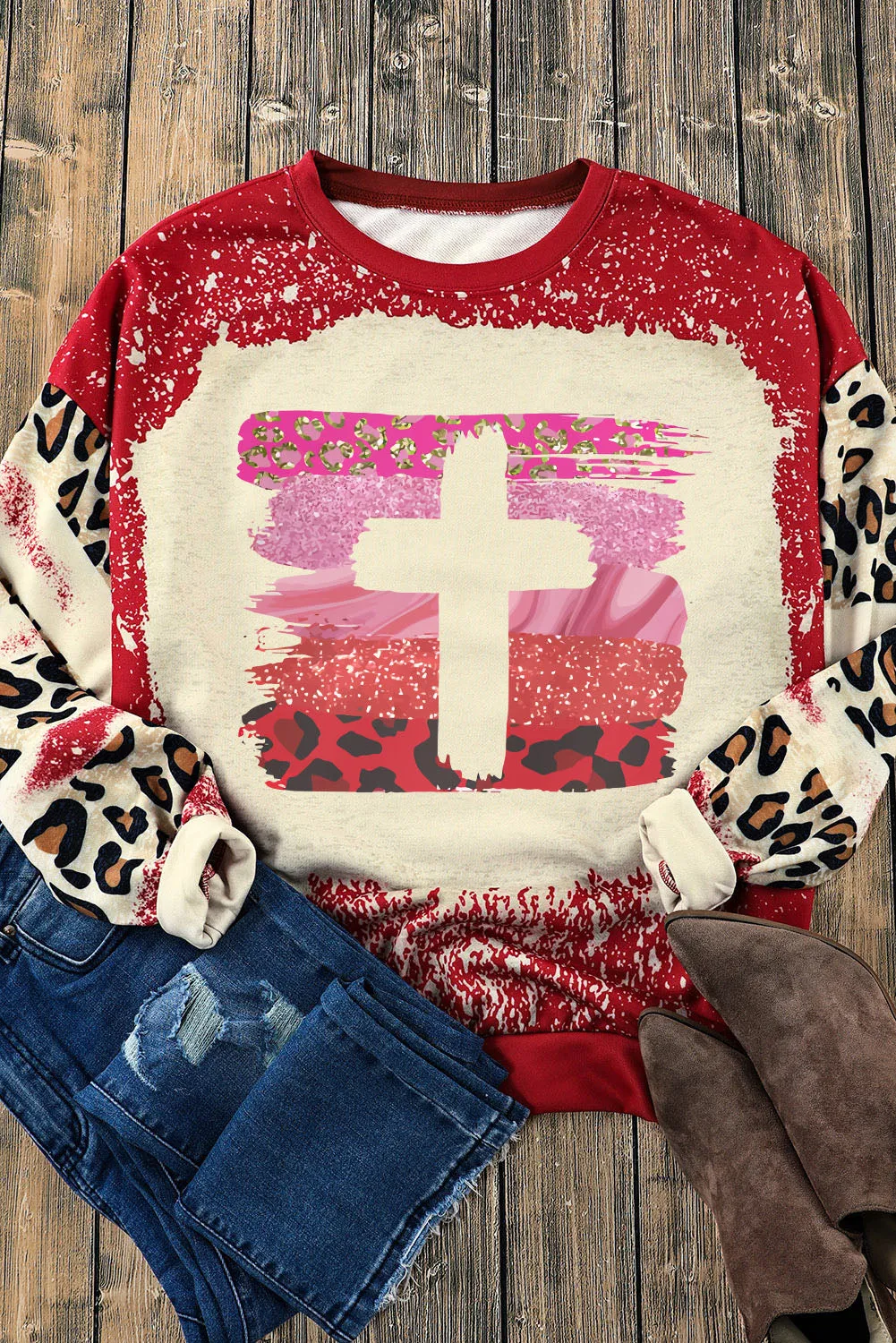 Red Diverse Brushstroke Cross Graphic Leopard Tie Dye Sweatshirt