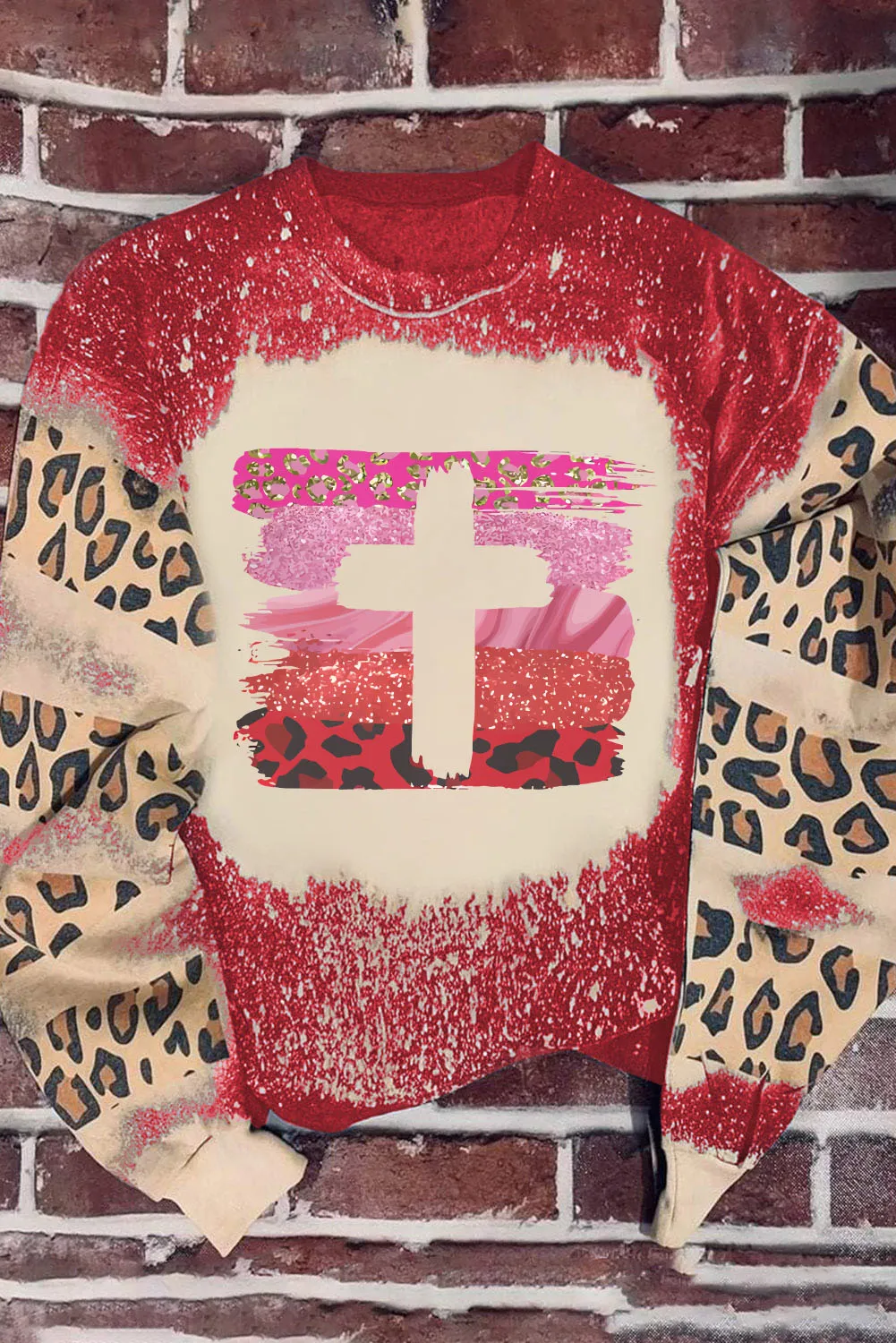 Red Diverse Brushstroke Cross Graphic Leopard Tie Dye Sweatshirt
