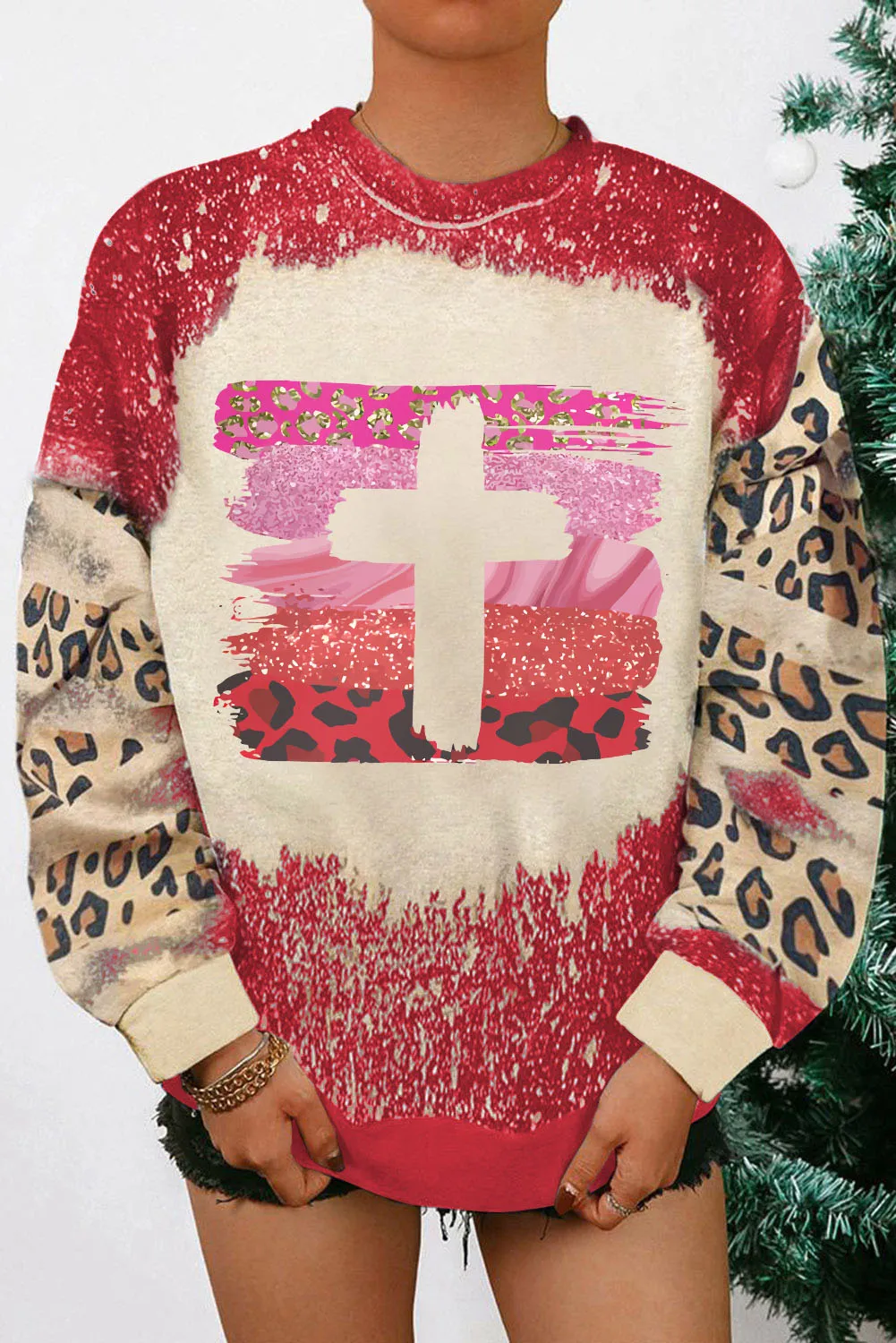 Red Diverse Brushstroke Cross Graphic Leopard Tie Dye Sweatshirt