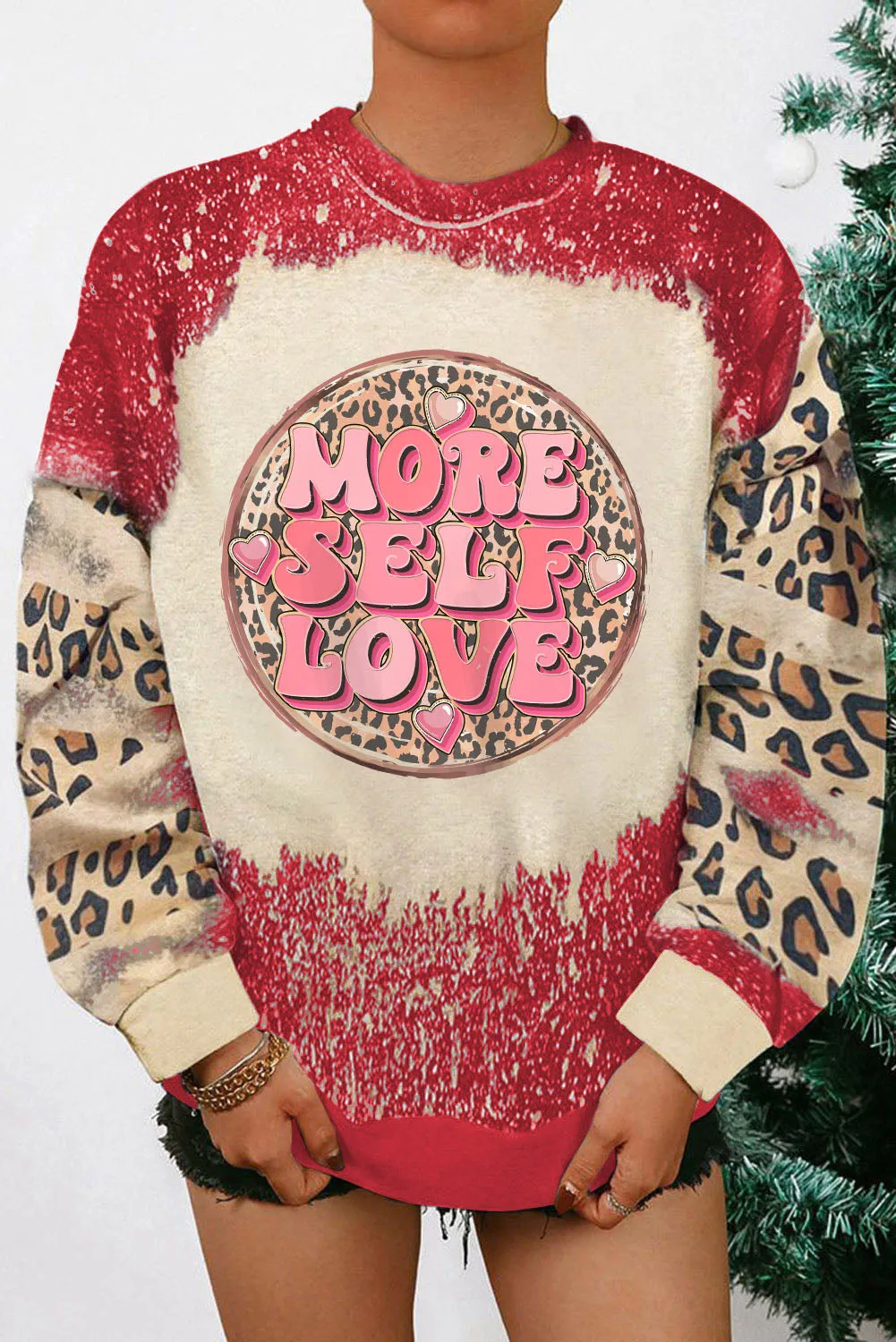 Red MORE SELF LOVE Leopard Tie Dye Graphic Sweatshirt