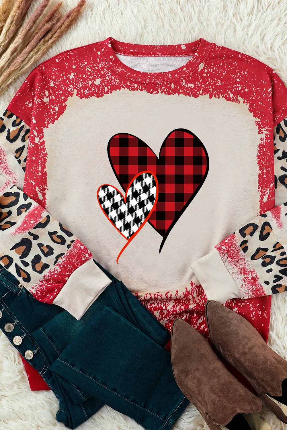 Red Plaid Heart Shape Leopard Print Bleached Sweatshirt