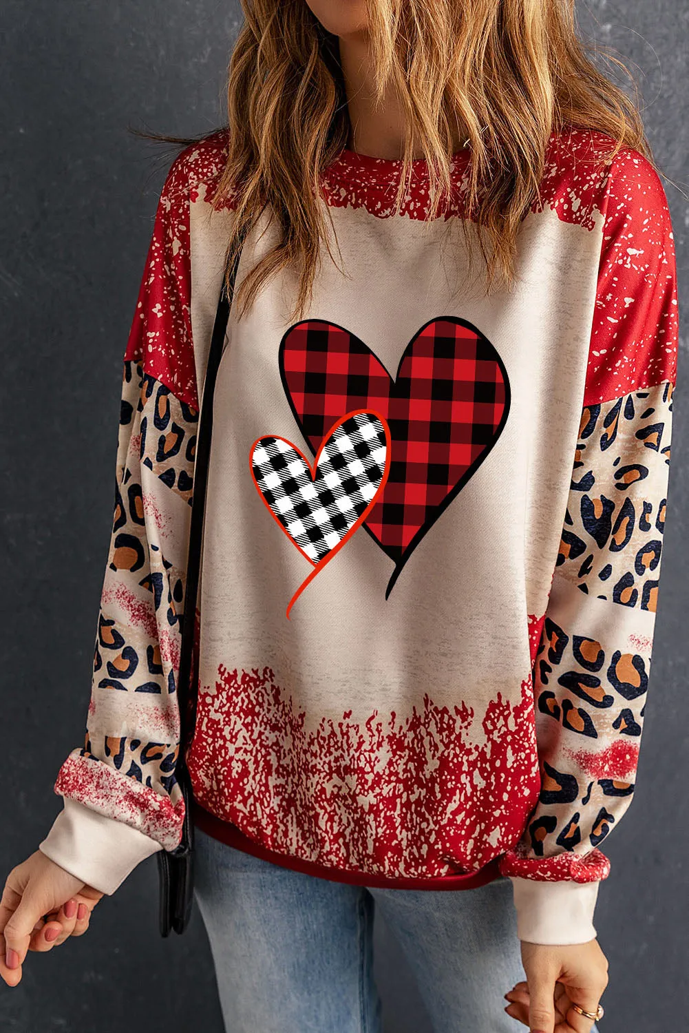Red Plaid Heart Shape Leopard Print Bleached Sweatshirt