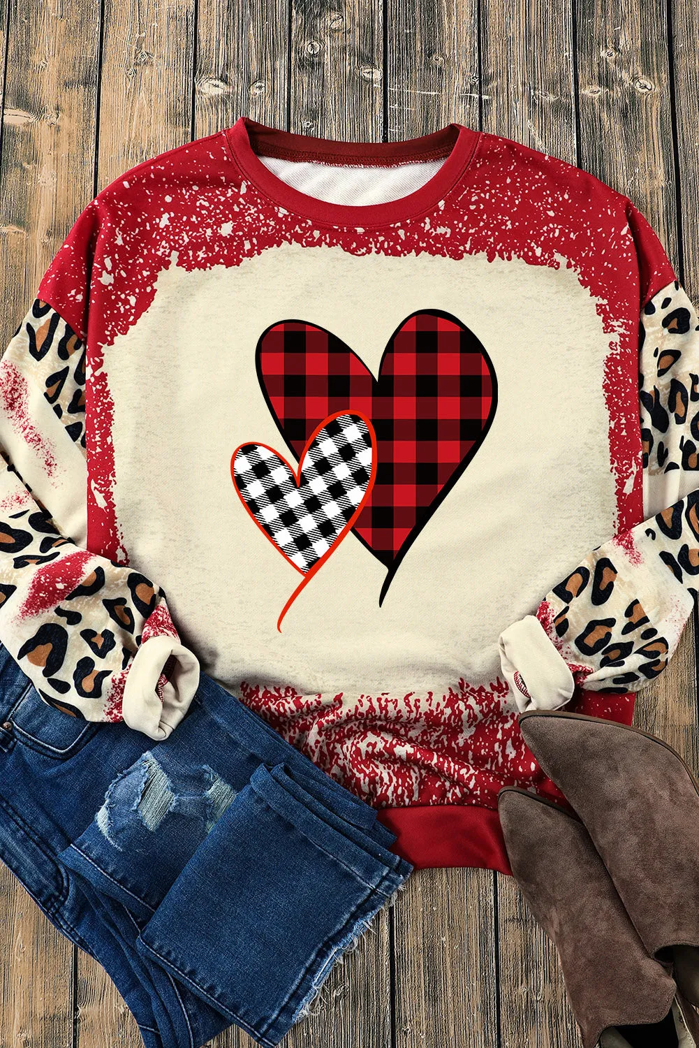 Red Plaid Heart Shape Leopard Print Bleached Sweatshirt