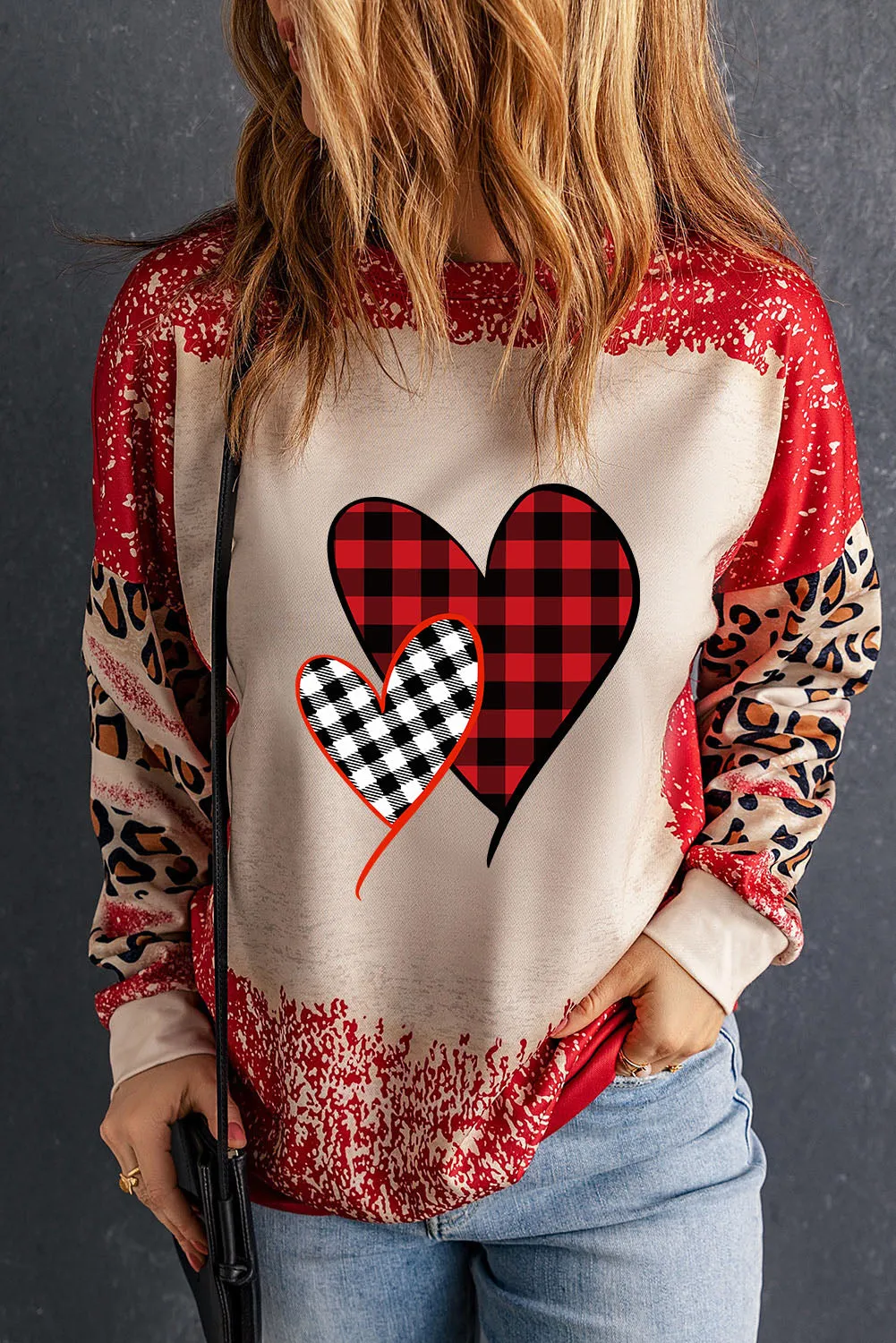 Red Plaid Heart Shape Leopard Print Bleached Sweatshirt