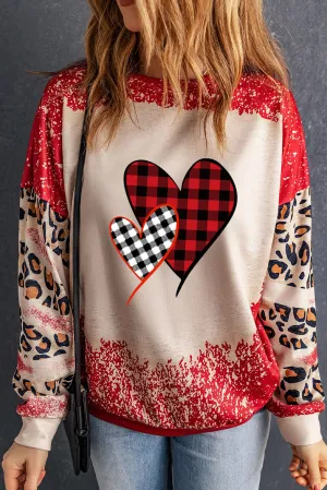 Red Plaid Heart Shape Leopard Print Bleached Sweatshirt