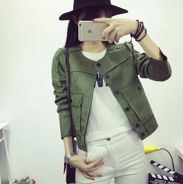 Retro Military Green Jacket Fashion Casual Suede Outerwear Coats Women Tops