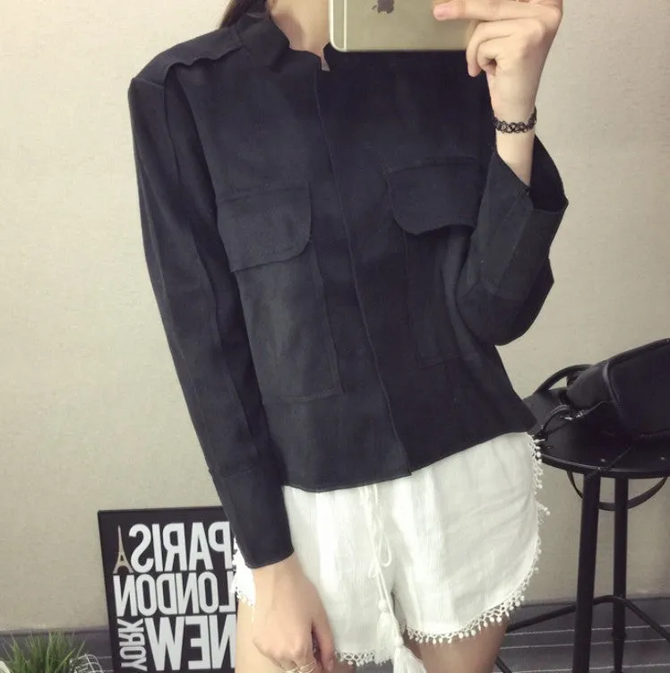 Retro Suede Casual Jacket Women All-Match Military Green Cardigan Coat 6 Colors