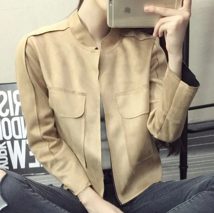Retro Suede Casual Jacket Women All-Match Military Green Cardigan Coat 6 Colors
