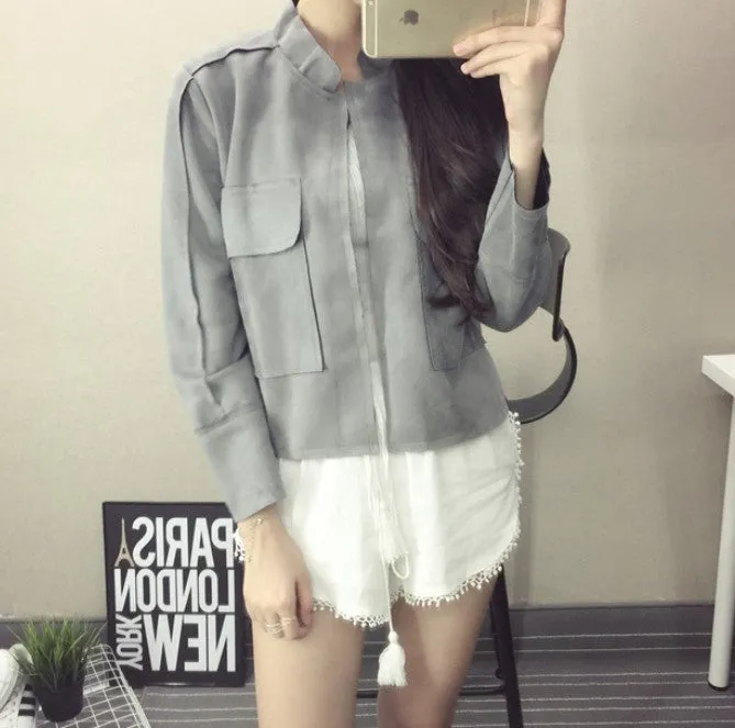 Retro Suede Casual Jacket Women All-Match Military Green Cardigan Coat 6 Colors