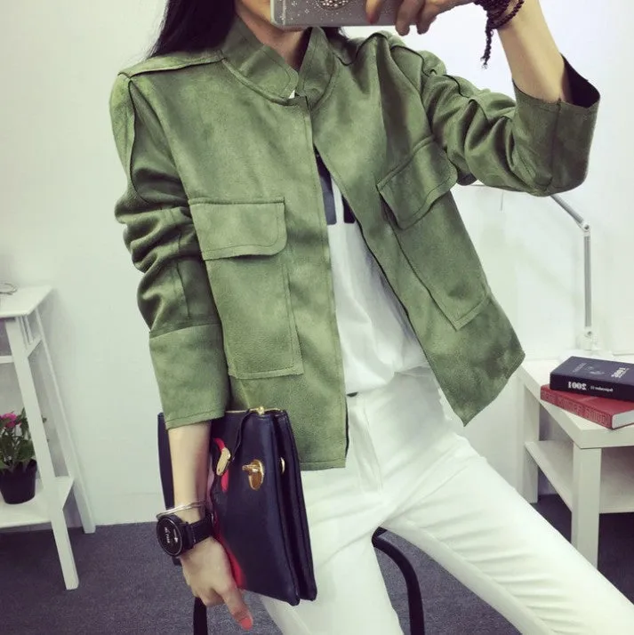 Retro Suede Casual Jacket Women All-Match Military Green Cardigan Coat 6 Colors