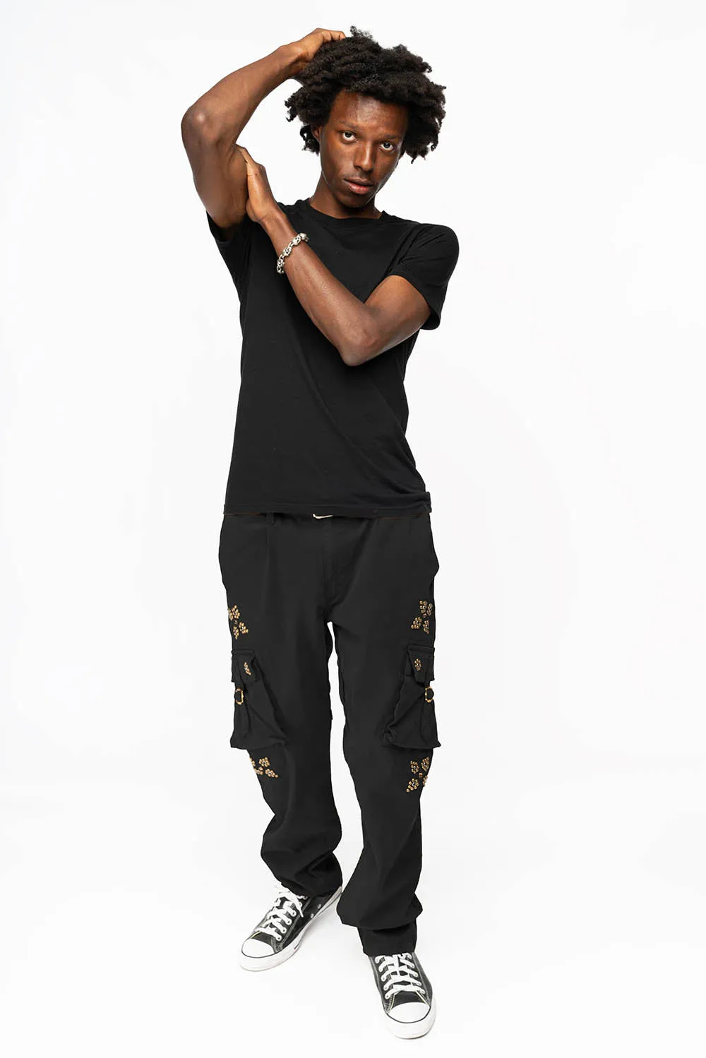 ROBINS NEW MILITARY STYLE CARGO PANTS IN BLACK  WITH WESTERN CRYSTAL MOTIF