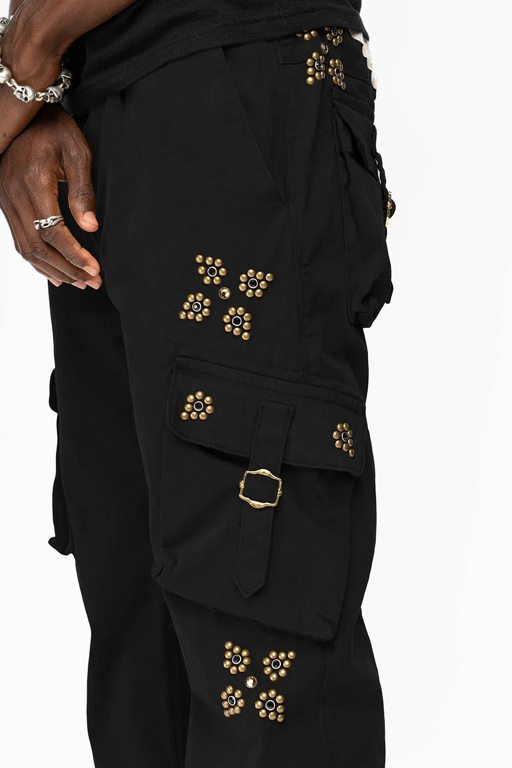 ROBINS NEW MILITARY STYLE CARGO PANTS IN BLACK  WITH WESTERN CRYSTAL MOTIF