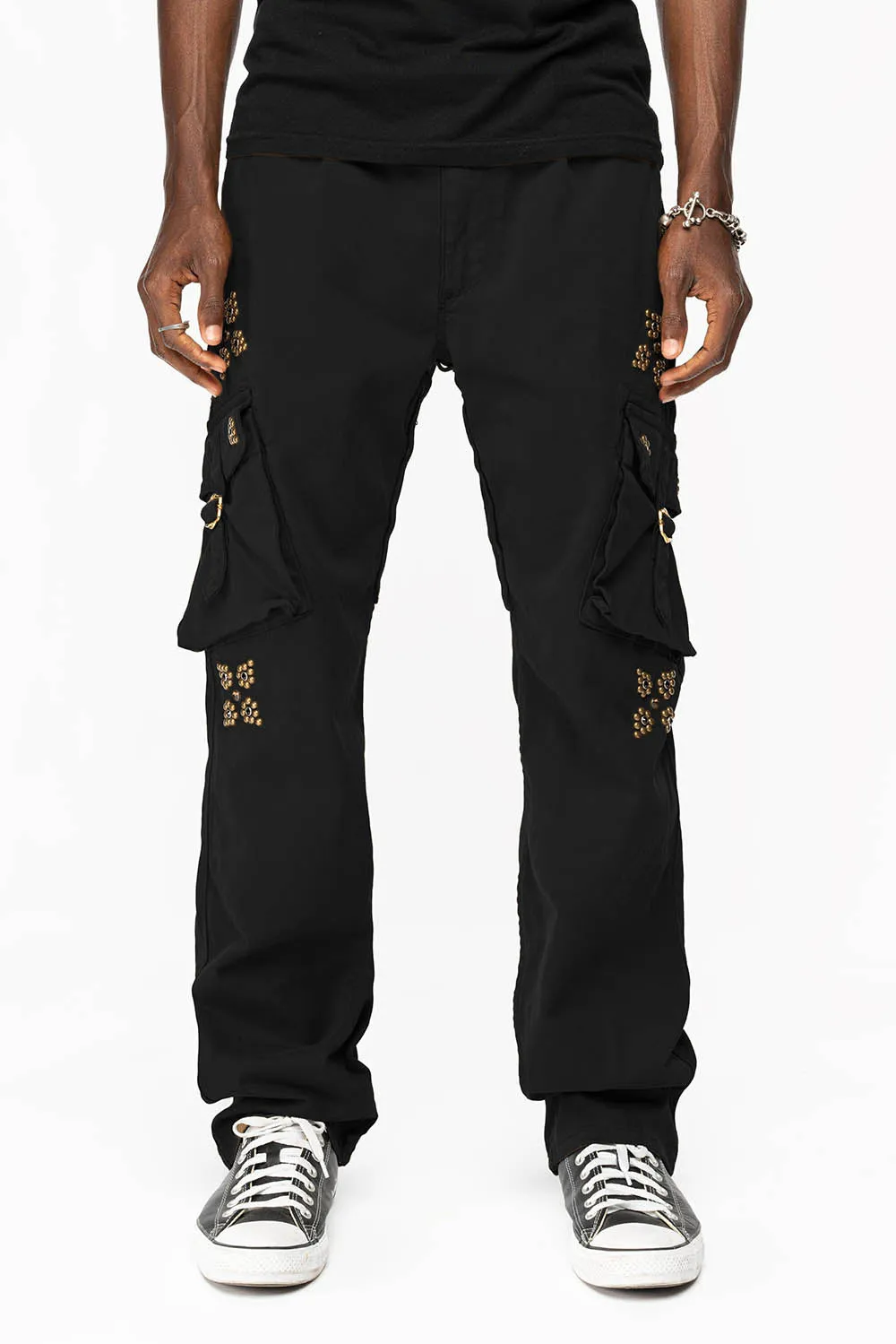 ROBINS NEW MILITARY STYLE CARGO PANTS IN BLACK  WITH WESTERN CRYSTAL MOTIF
