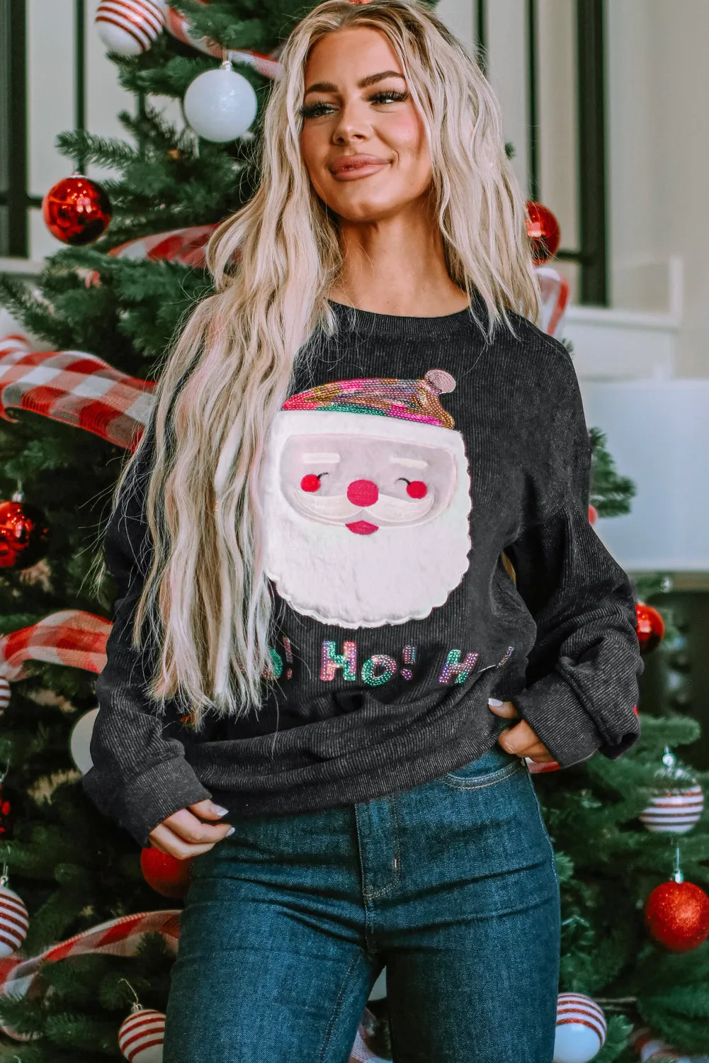 Sequin HO HO HO Santa Claus Graphic Sweatshirt