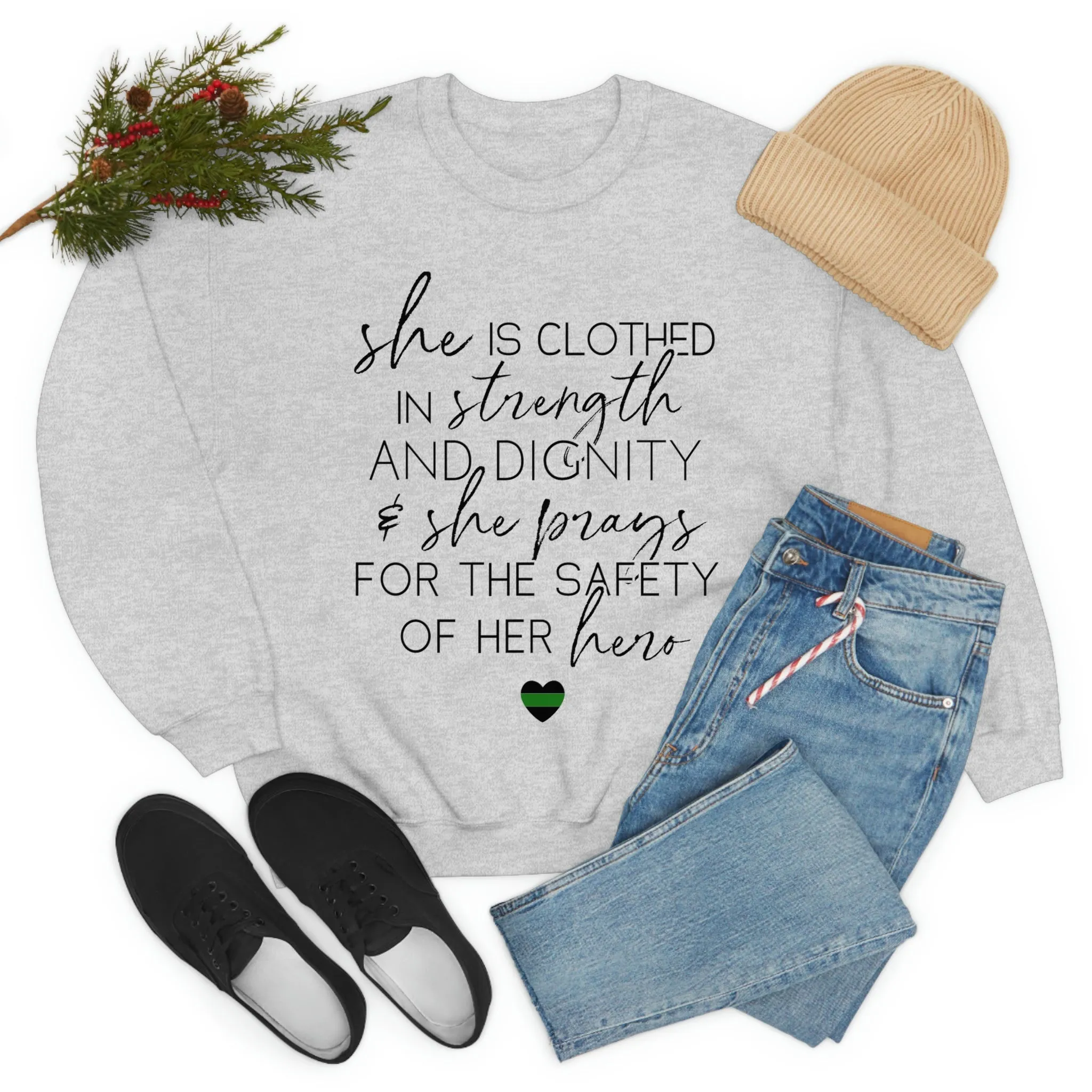 She Prays For The Safety Of Her Hero © Unisex Crewneck Sweatshirt (Thin Green Line)