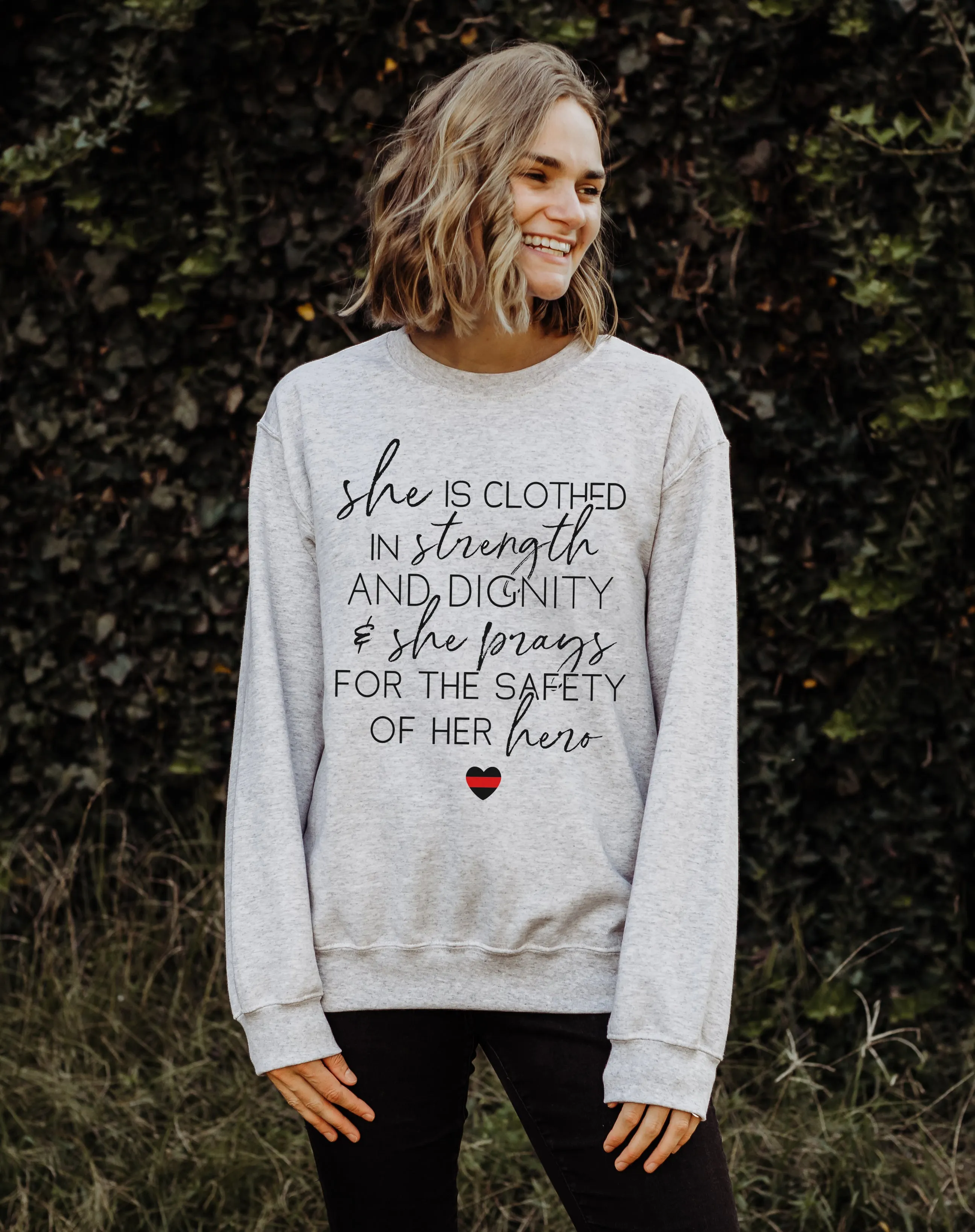She Prays For The Safety Of Her Hero © Unisex Crewneck Sweatshirt (Thin Red Line)