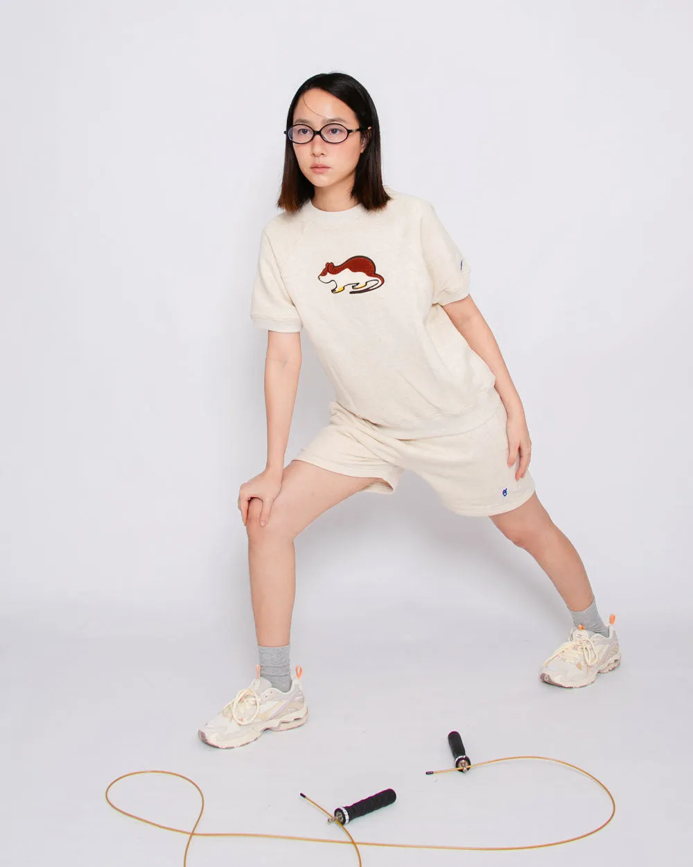 Short Sleeve Sweatshirt - Rat Embroidery - Oatmeal