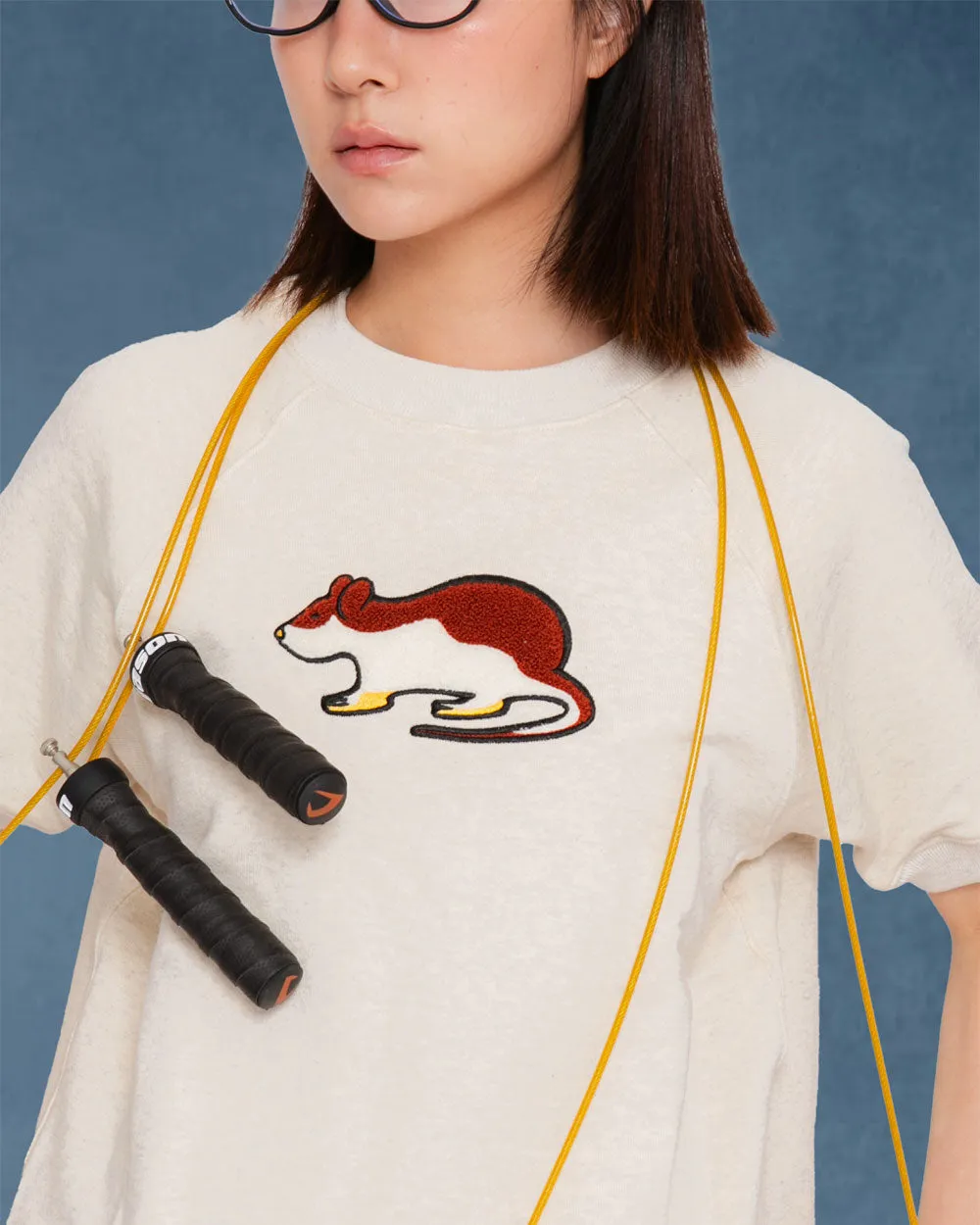 Short Sleeve Sweatshirt - Rat Embroidery - Oatmeal