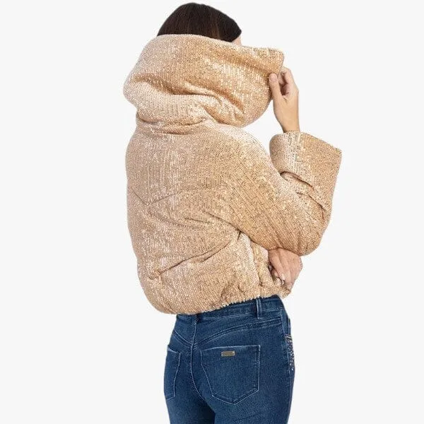 Sissy Boy Womens Sequin Zip Puffer Jacket Sherpa Collar Gold