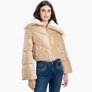 Sissy Boy Womens Sequin Zip Puffer Jacket Sherpa Collar Gold