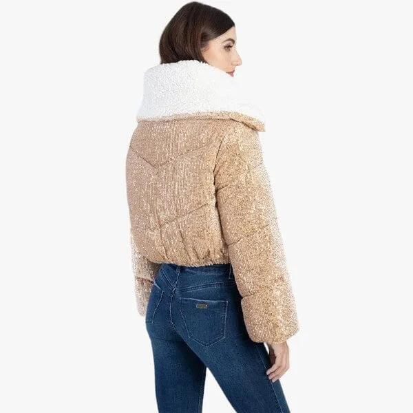 Sissy Boy Womens Sequin Zip Puffer Jacket Sherpa Collar Gold