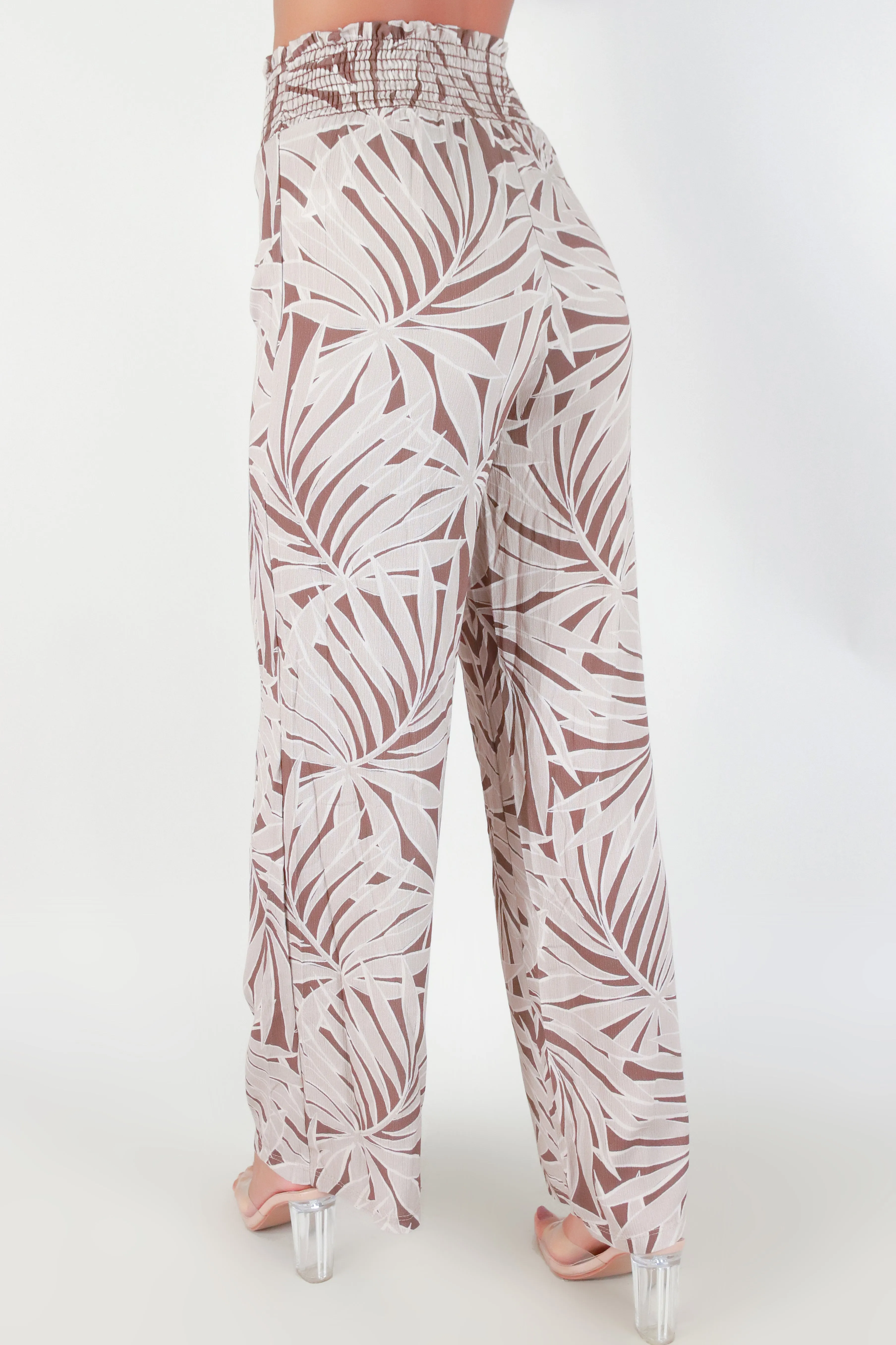 SMOCKED WAIST LEAF PRINT PANTS