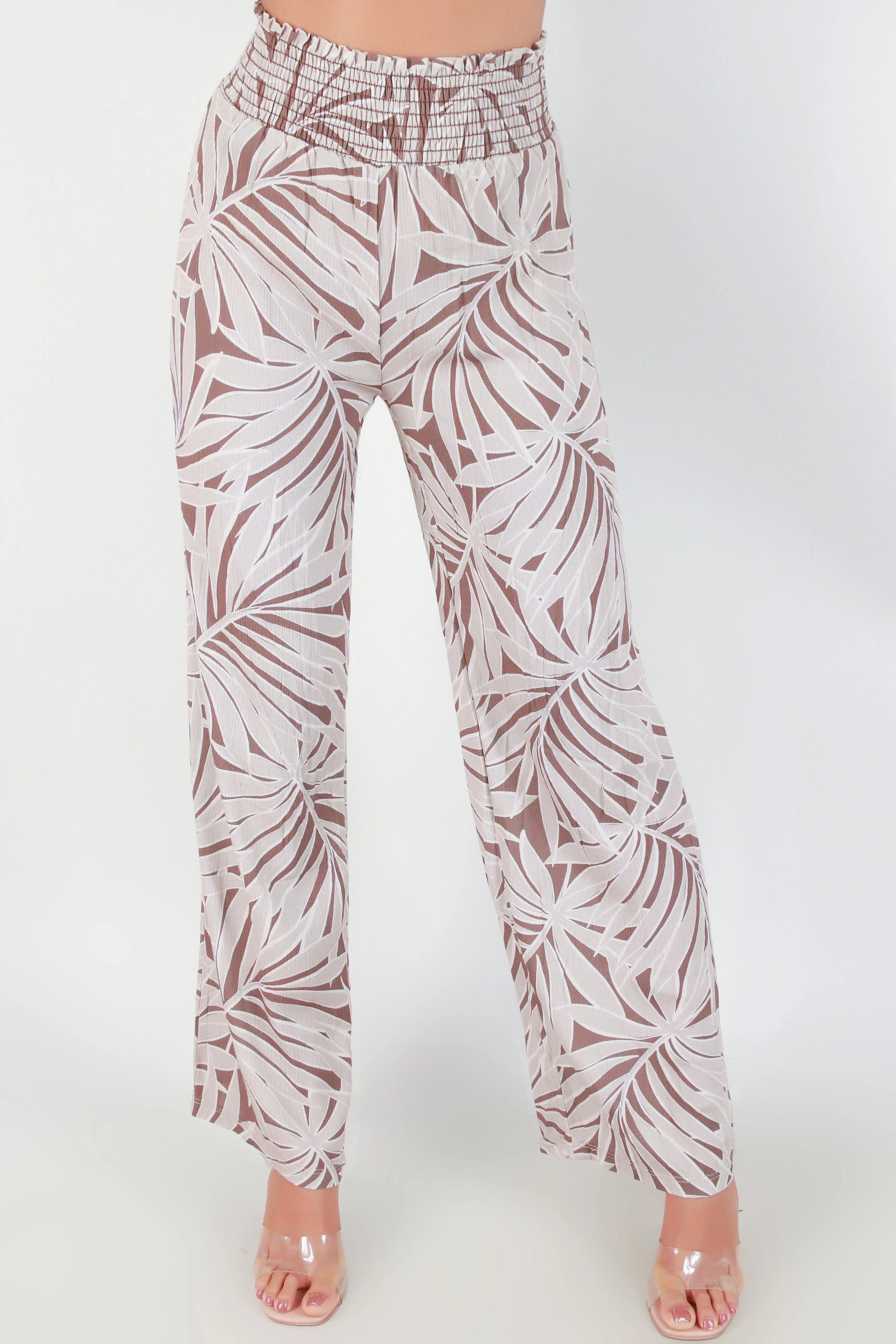 SMOCKED WAIST LEAF PRINT PANTS