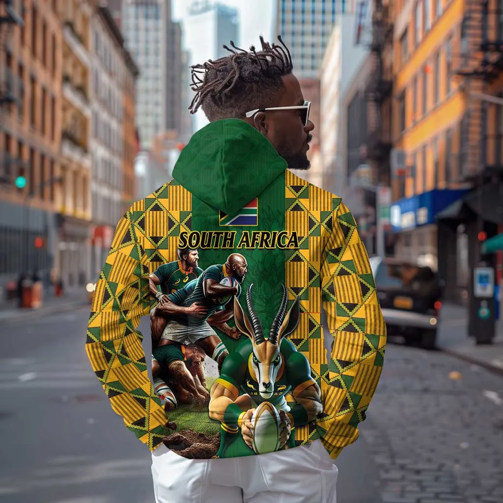 South Africa Rugby Zip Hoodie - Springbok Mascot, Players Fighting for Victory LT03