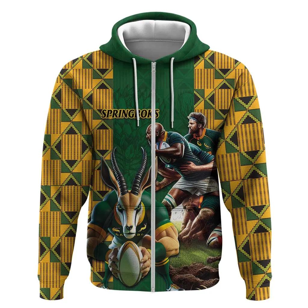 South Africa Rugby Zip Hoodie - Springbok Mascot, Players Fighting for Victory LT03