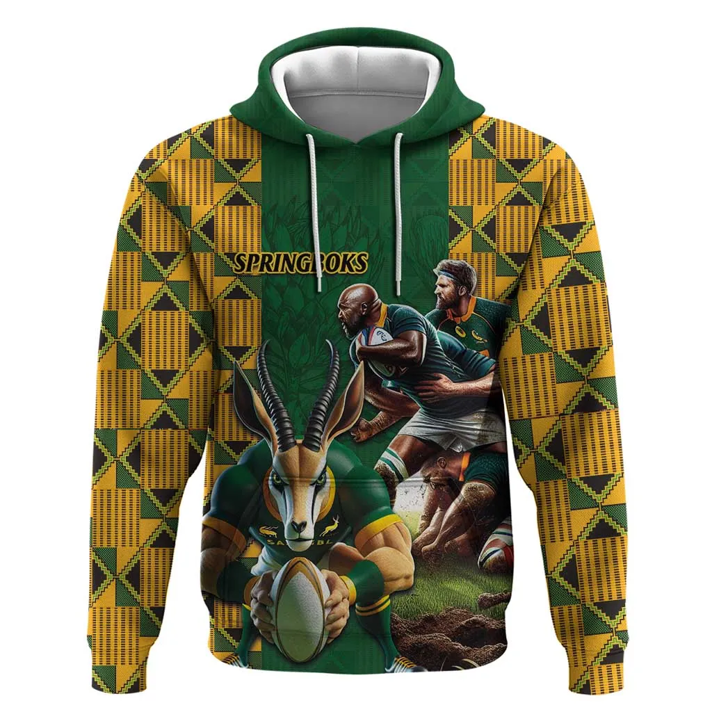 South Africa Rugby Zip Hoodie - Springbok Mascot, Players Fighting for Victory LT03