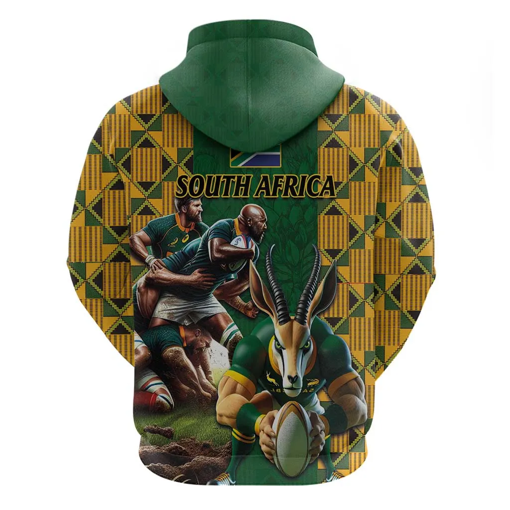 South Africa Rugby Zip Hoodie - Springbok Mascot, Players Fighting for Victory LT03