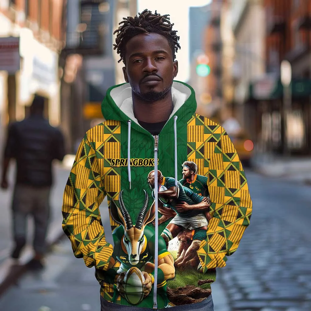 South Africa Rugby Zip Hoodie - Springbok Mascot, Players Fighting for Victory LT03
