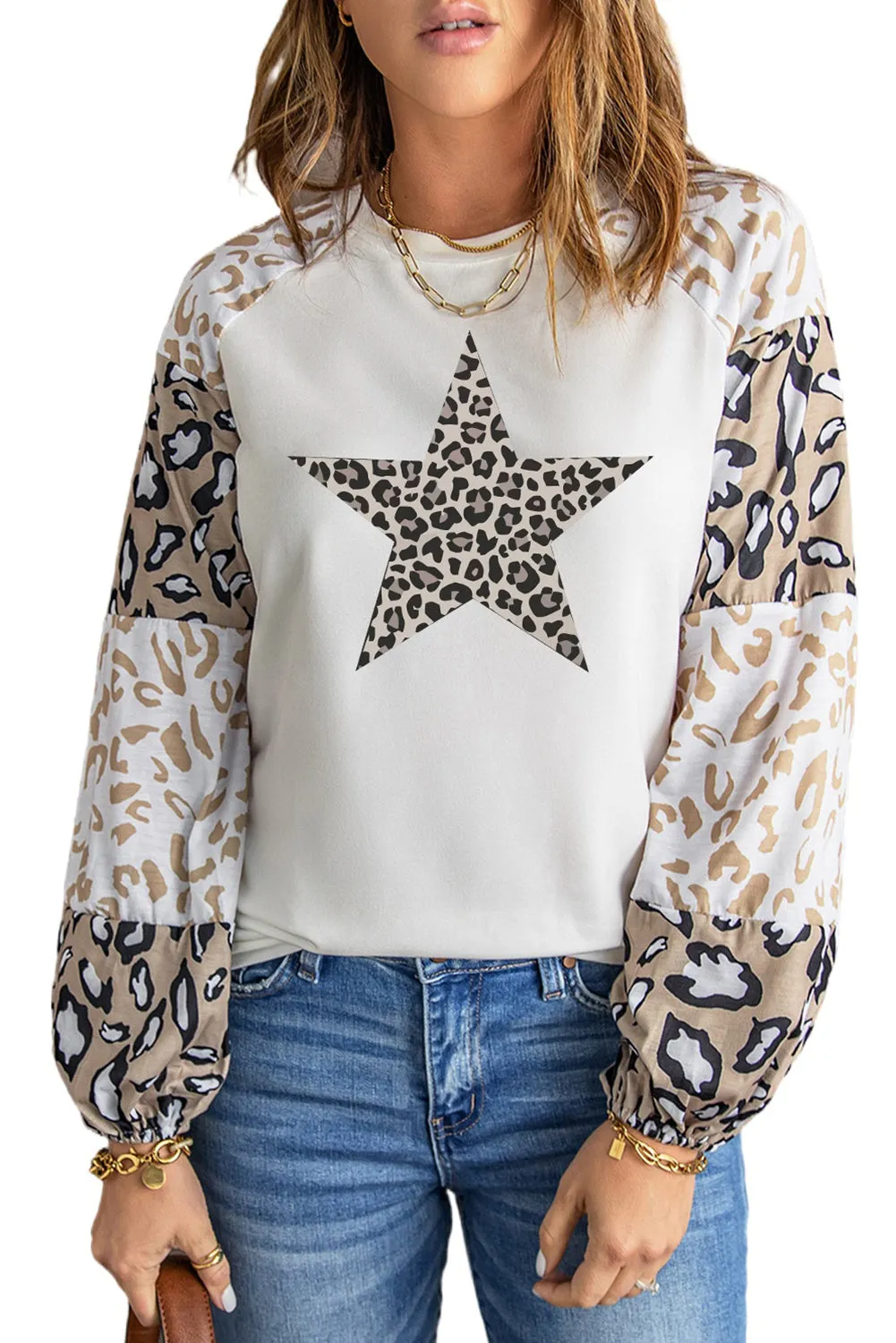 Star Leopard Color Block Long Sleeve Top